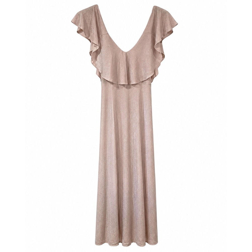 Show Me Your Mumu Rose Gold Shimmer Flutter Ruffle Maxi Gown Small Dress